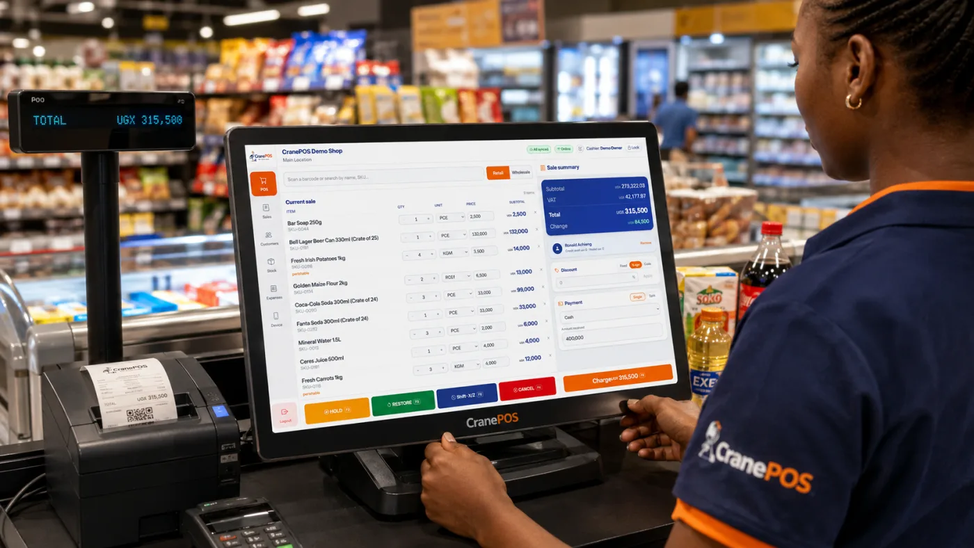 A cashier ringing up a sale on a CranePOS point-of-sale terminal at a supermarket checkout counter in Uganda
